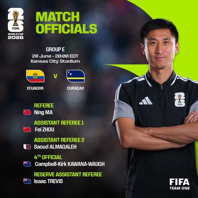 FIFA确认中国裁判马宁、周飞、傅明执法厄瓜多尔对阵库拉索比赛