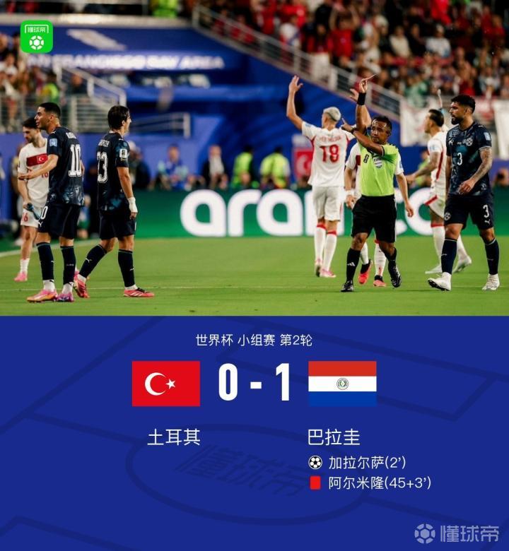 土耳其0-1十人巴拉圭小组出局，加拉尔萨闪击，阿尔米隆捂嘴交谈染红