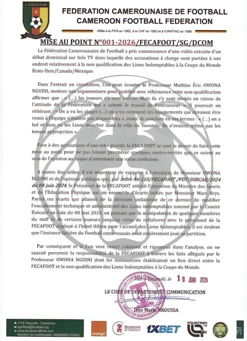 喀麦隆足协否认责任：国家队无缘世界杯非足协所致