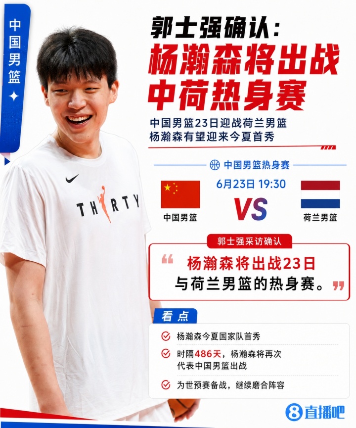 杨瀚森即将亮相荷兰热身赛，主帅郭士强赛后明确公布