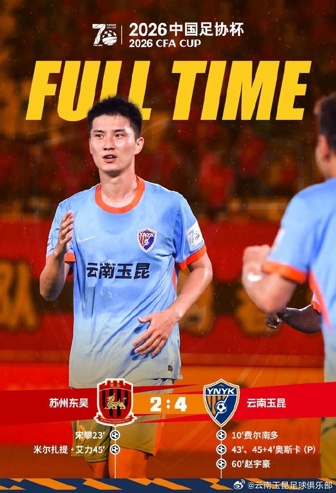 足协杯赛事：云南玉昆客场4-2击败苏州东吴