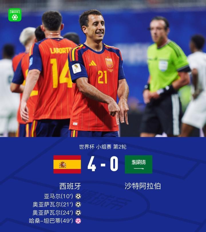 西班牙以4-0大胜沙特，奥亚萨瓦尔献上两球一助攻，亚马尔处子球闪耀舞台