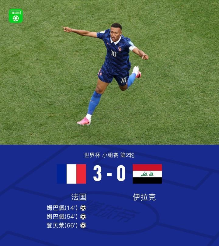 法国3-0伊拉克：姆巴佩独中两元，奥利塞助力登贝莱建功