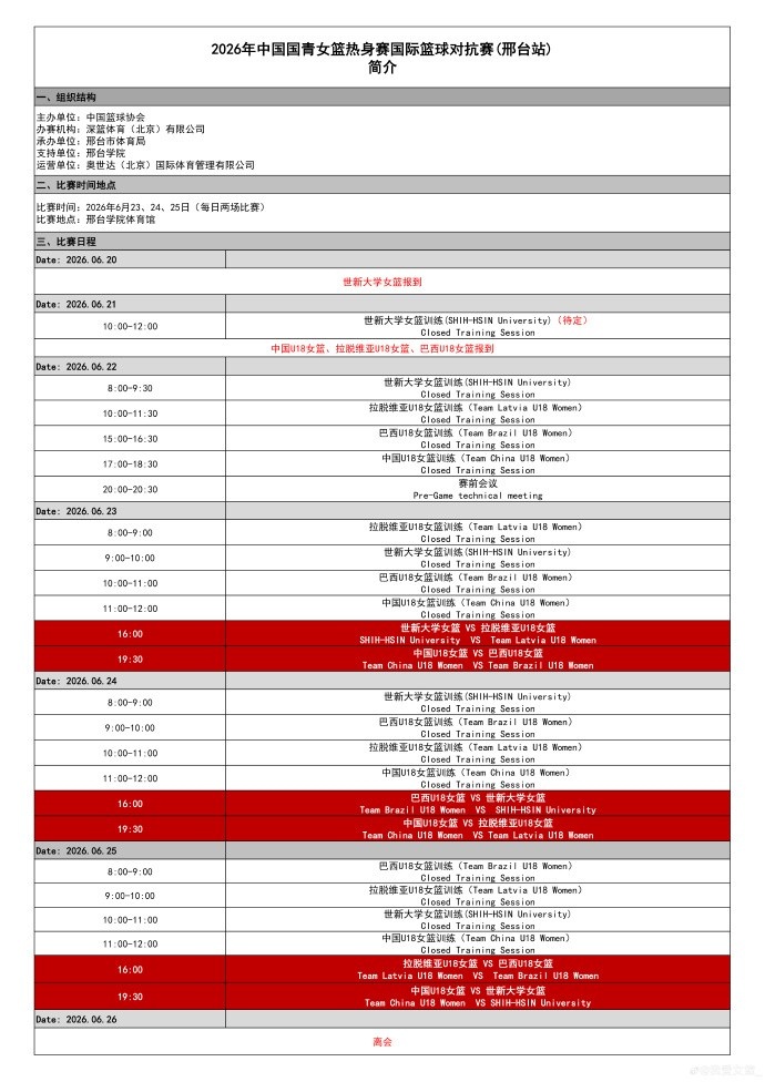 2026国青女篮热身赛邢台开赛，首战迎战巴西U18