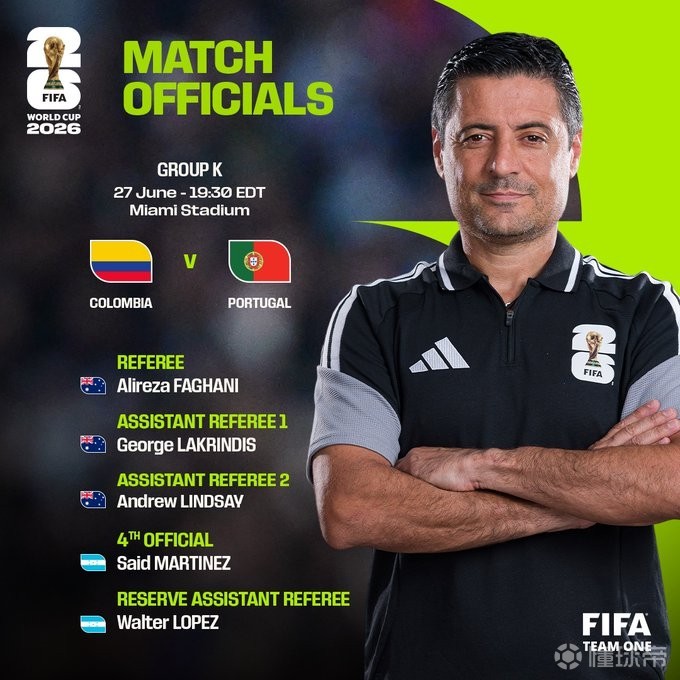 FIFA公布：澳大利亚裁判法加尼将执裁哥伦比亚对阵葡萄牙世界杯比赛