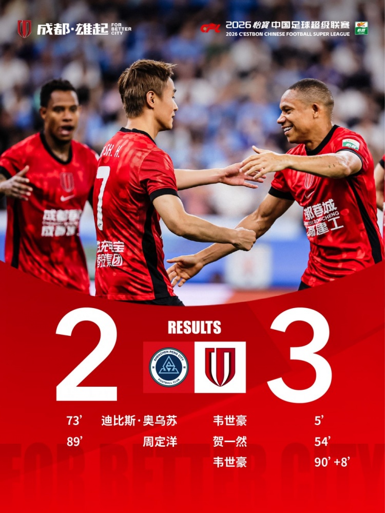 成都蓉城客场逆袭深圳新鹏城，以3-2获胜