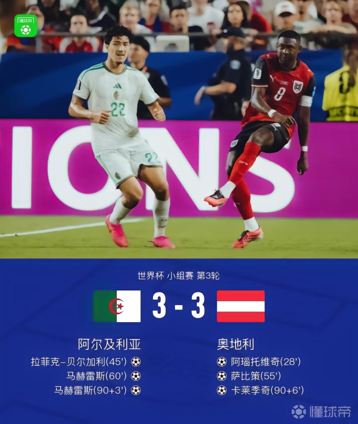 世界杯小组赛惊心动魄！阿尔及利亚与奥地利3-3战平携手晋级