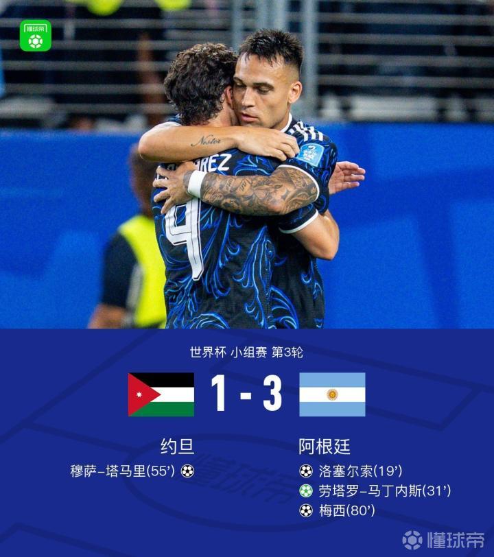 梅西任意球助阿根廷3-1胜约旦，洛塞尔索世界波劳塔罗点射