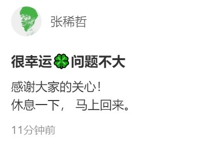 张稀哲社交媒体发文：无大碍，感谢关注，稍作休整后回归