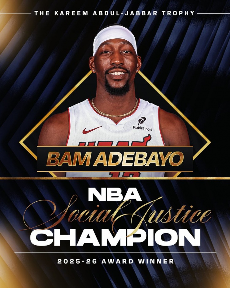 NBA官方：热火球星阿德巴约获得本赛季NBA社会正义冠军奖！