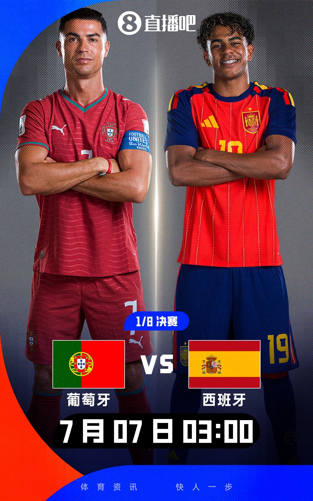 焦点之战！世界杯1/8决赛：葡萄牙对阵西班牙！41岁C罗迎战18岁新星亚马尔
