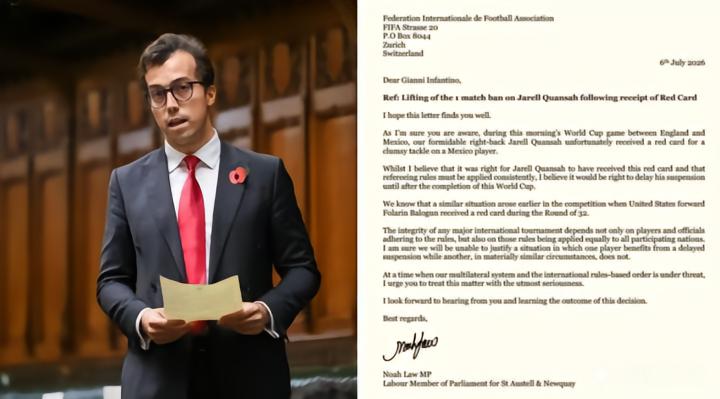 英国议员呼吁FIFA缓刑夸安萨：红牌无误，但公平需缓刑