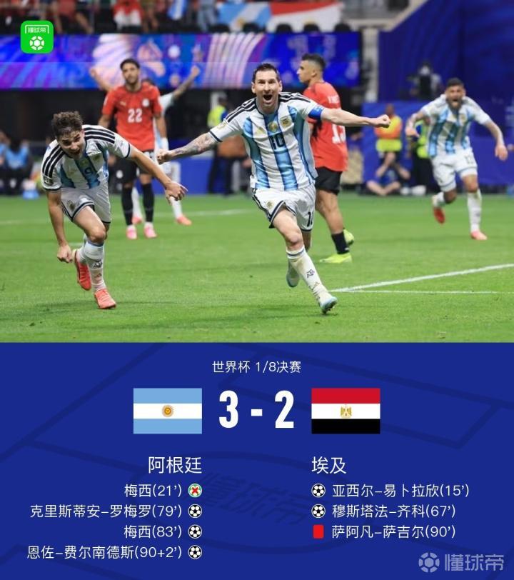阿根廷在世界杯八强赛险胜埃及，梅西与恩佐携手逆转