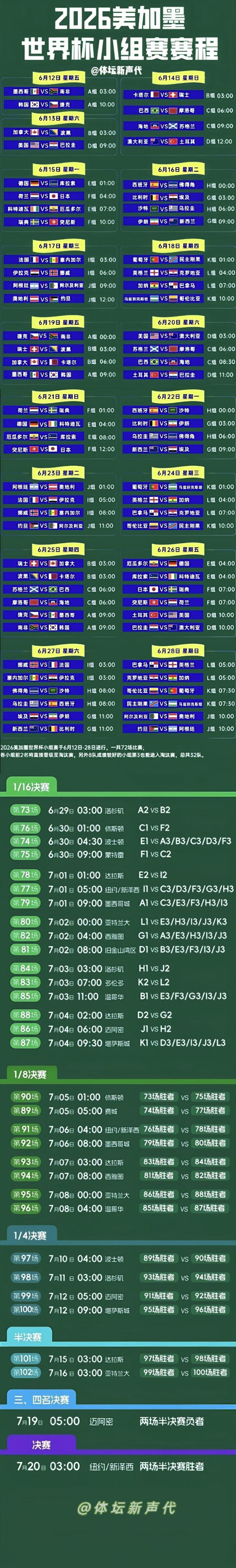 您有一份2026美加墨世界杯赛程表 请收藏～