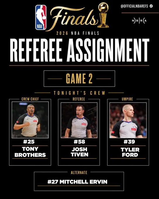 NBA总决赛G2裁判名单出炉：托尼兄弟领衔