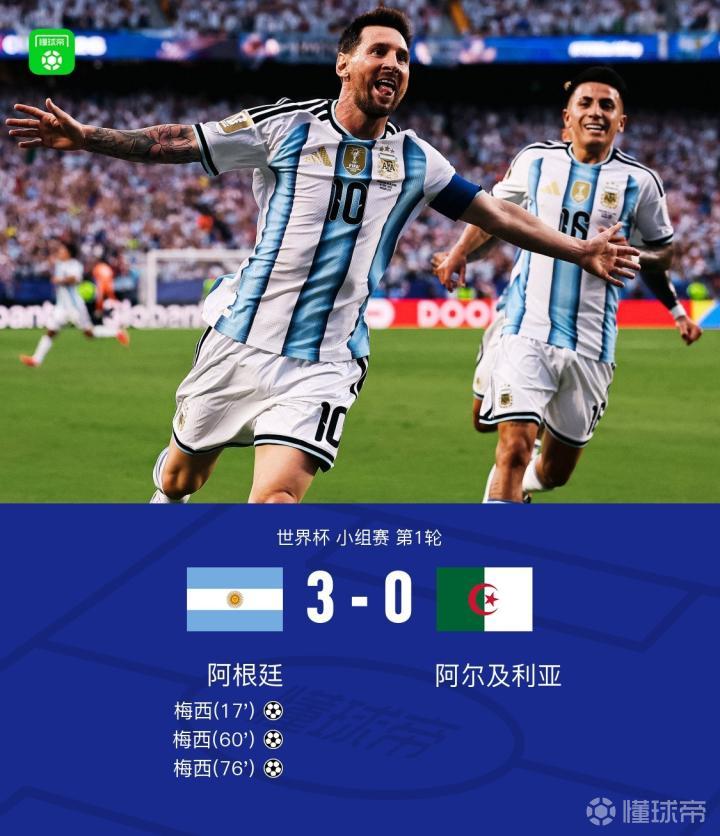 阿根廷3-0阿尔及利亚，梅西戴帽+加冕世界杯历史射手王