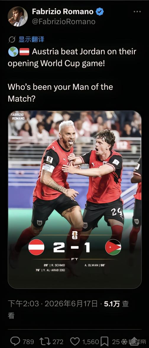 看晕头了？罗马诺在社媒上发布奥地利2-1约旦的赛后战报