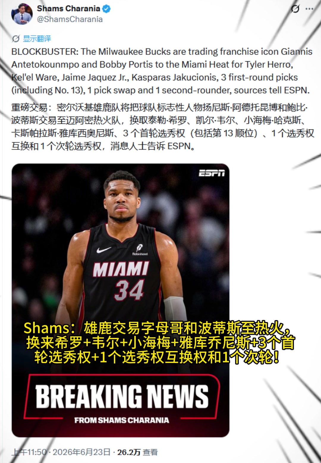 💥重磅交易！Shams：字母哥被交易至热火，换希罗等三人+3首轮1次轮+1互换