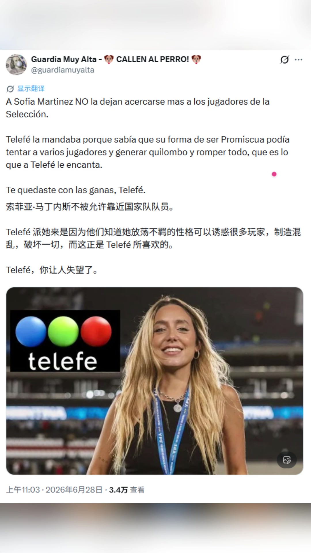 阿根廷女记者被禁止靠近国家队，害怕她放荡不羁的性格诱惑球员